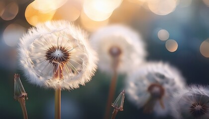 delicate filaments of a dandelion puffball against a soft dreamy background
