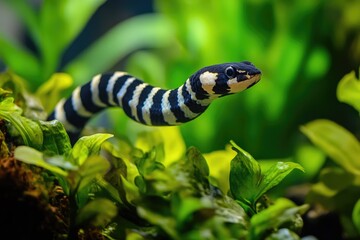 A black and white striped snake found inside a plant, great for wildlife or nature related themes