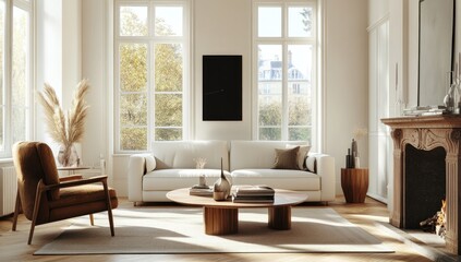 A beautifully decorated living room with natural light and elegant furnishings