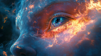 A mesmerizing digital artwork showcasing a stunning blue and fiery eye