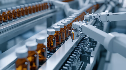 Obraz premium A high-tech top-down view of a futuristic pharmaceutical production line, showcasing robotic arms efficiently filling medicine bottles with precision automation