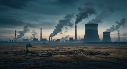 Industrial Landscape with Factory Chimneys & Smoke Plumes. Environmental Pollution with Industrial Plant against Dramatic Sky Backdrop for Environmental Story