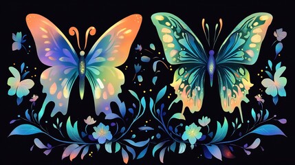 Whimsical butterfly clipart vibrant gradients glowing effects and floral swirls perfect for spring or garden themes