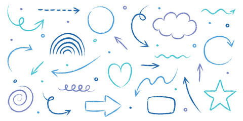 Set of hand drawn grunge arrow, line, square, circle and various shapes. Abstract pencil, crayon and chalk brush style. Doodles. Vector illustration