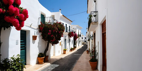 Una calle adoquinada en un pueblo mediterráneo, con casas blancas de techos rojizos y ventanas adornadas con macetas de geranios escarlata. 