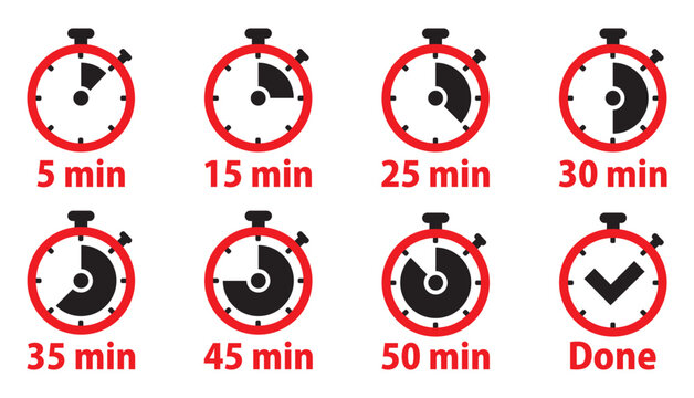 Timer icons set, six timer indicators from 5 to 60 minutes, vector illustration.