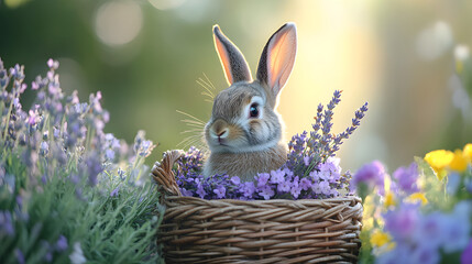 Bunny with a lavender wreath sitting in a basket of flowers.