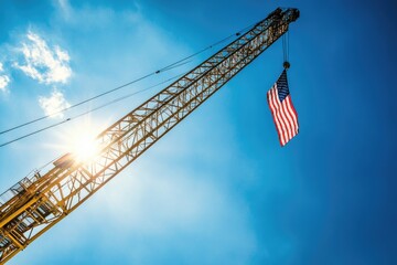 Large crane with American flag attached to its side