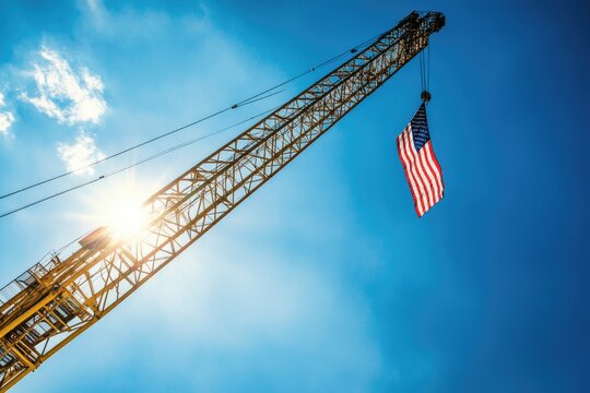 Large crane with American flag attached to its side