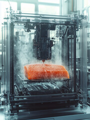 Futuristic food printer creating a piece of fresh salmon in a laboratory setting.