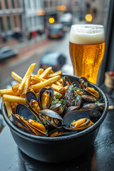 Belgian mussels with fries and beer outdoors