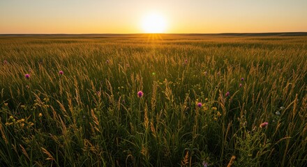Obraz premium Sunset Over Golden Field with Wild Flowers Creating a Peaceful Scene
