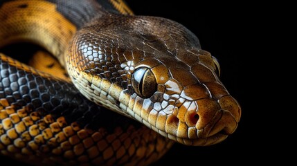 Fototapeta premium A close-up photo of a snake on a black background, suitable for use in illustrations, designs, or as a symbol