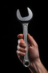 A person's hand holds a wrench against a dark background, suitable for use in mechanic or DIY themes