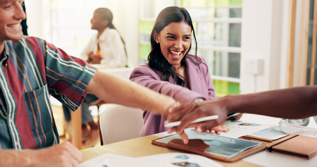 Obraz premium Friends, students and stack hands at college, motivation and support for progress with group assessment. People, happy and excited with test, project or research for education, learning or university