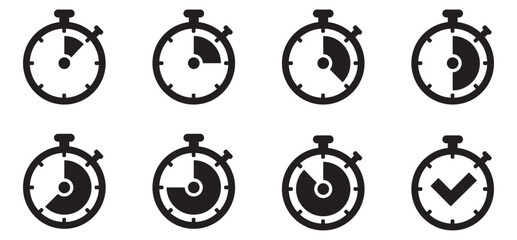 Timer, clock, stopwatch isolated set icons. Countdown timer symbol icon set. Label cooking time. Vector illustration.