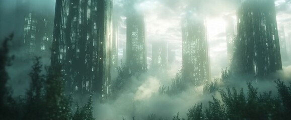Futuristic Cityscape Emerging from Mist with Lush Vegetation Below
