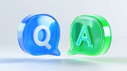 Obraz premium Two speech bubble icons, blue with Q and green with A, featuring technological transparent material and frosted glass texture in isometric perspective, bright 3D art on white background.