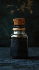 A glass jar with a cork top sitting on a table, perfect for holding small items or as a decorative piece