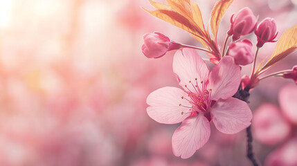 Close-up of Cherry Blossom in Soft Pink Springtime Glow. A delicate cherry blossom in full bloom with soft pink petals and golden leaves, bathed in warm spring sunlight, symbolizing renewal and beauty
