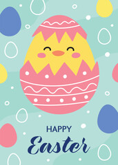 Happy Easter. Cute Easter egg with cute chick. Colourful greeting card in cartoon style. Vector illustration