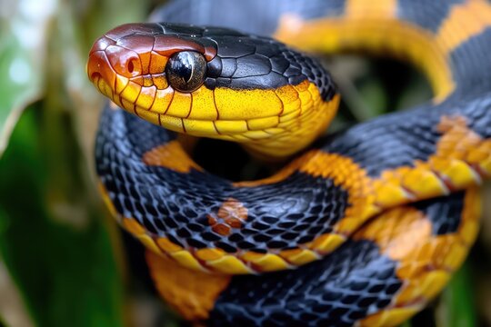 A close-up shot of a snake wrapped around a leaf