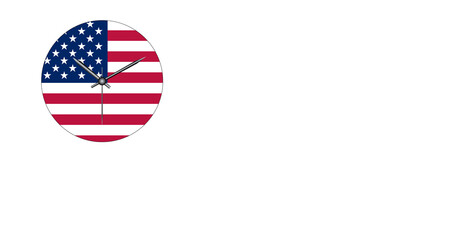 Wall clock. Analog wall clock with American flag hands. Doomsday clock. White background. Copy space.