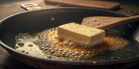 Piece of butter melting in a non-stick pan over high heat