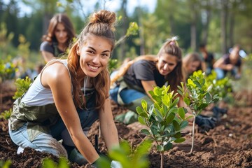 Title: Multicultural team of volunteers reforesting a woodland for World Environment Day.