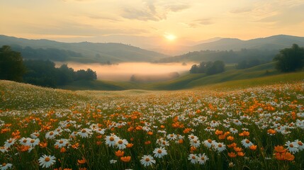 Fototapeta premium Ethereal Morning Landscape with Misty Hills and Vibrant Wildflowers – Generative AI