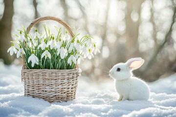 A woven basket with white snowdrops and a cute white bunny, generative AI
