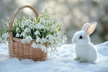 A woven basket with white snowdrops and a cute white bunny, generative AI
