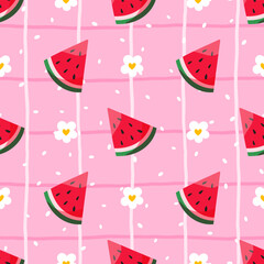 Seamless vector pattern featuring juicy watermelon slices with a pink aesthetic. Perfect for summer textiles, kids clothing, and trendy wrapping paper with a refreshing, fruity touch
