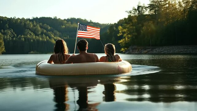 Friends enjoying a lake swim with a flag on an inflatable raft