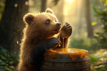 happy little bear cub enjoying honey from a big barrel, Generative AI.