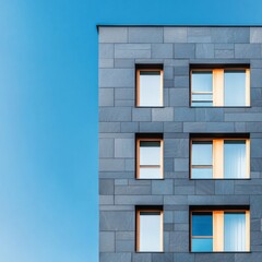 Dark grey slate cladding in a high-rise building, contemporary minimalism
