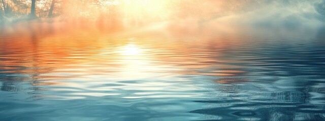 Still water reflects the vibrant colors of sunrise, creating a serene atmosphere in a calm landscape