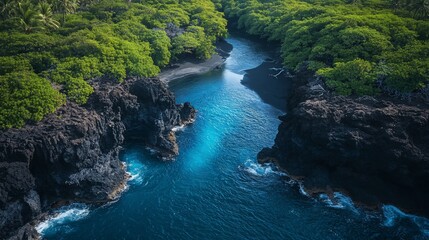 Aerial view of a serene river surrounded by lush greenery and black rocks.