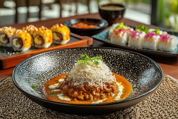 Ceramic Bowl Filled with Basmati Rice and Rich Curry on a Rustic Table