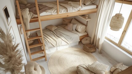 Cozy Scandinavian loft bedroom with a wooden loft bed, minimalist decor, and neutral tones. Clean lines, soft textures, and warm lighting create a serene and inviting atmosphere.