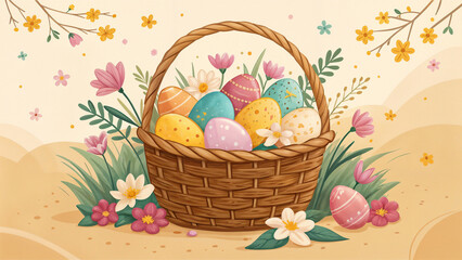 basket with Easter eggs on a background of flowers