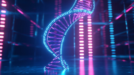 Fototapeta premium A mesmerizing 3D-rendered DNA helix floating in a futuristic laboratory, illuminated by vibrant glowing blue and pink neon light, symbolizing advanced genetic research