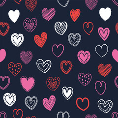 Cartoon style seamless pattern with cute hearts. Texture with hand drawn shapes. Doodles. Design for Valentine’s Day, Mother’s Day and Women’s Day. Vector illustration