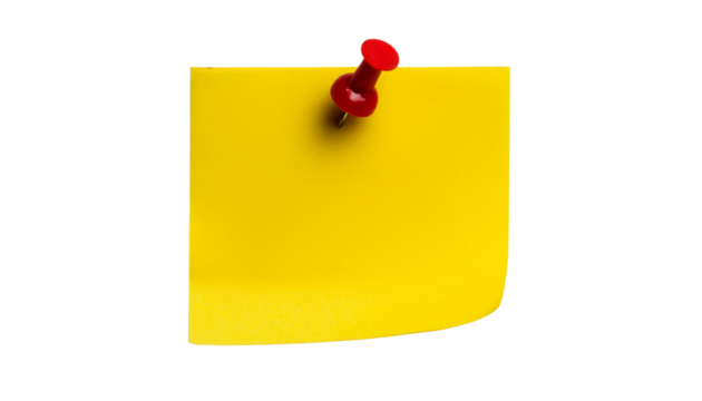 yellow sticky note with push pin isolated on transparent background