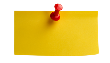 yellow sticky note with red push pin isolated on transparent background