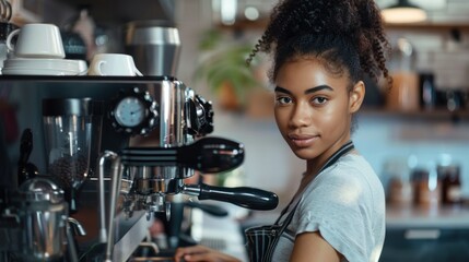 A barista in training learning how to use the espresso machine.