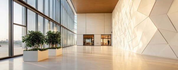 Obraz premium Corporate headquarters with geometric stone cladding panels, futuristic and dynamic