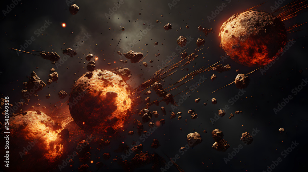 Canvas Prints a dramatic scene of a cluster of asteroids flying through the sky with an artistic perspective highl