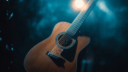 Obraz premium An acoustic guitar illuminated in a moody atmosphere.
