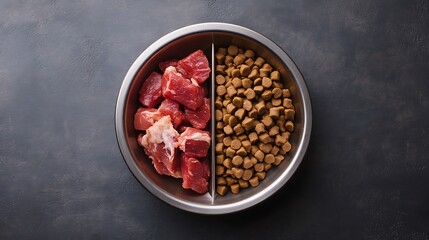 Raw meat and kibble in a divided pet bowl. (1)